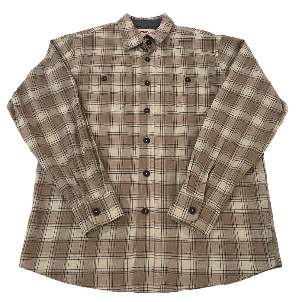 00113 - Wrangler Plaid Flannel Button Down Shirt Beige‎ Brown L/S - Medium